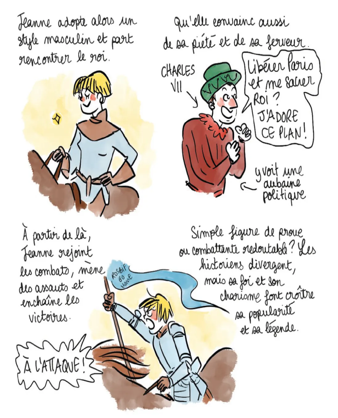 Planche de bande dessinée illustrant l'épopée de Jeanne d'Arc, de sa rencontre avec Charles VII à ses victoires militaires.