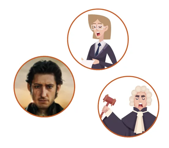 Portraits des personnages du procès : la procureure, l'accusé et le président.