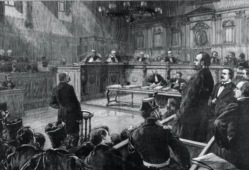 L'Affaire Dreyfus à la cour d'assises, Le procès de M. Émile Zola, estampe pour le journal Le Petit Parisien, supplément littéraire illustré, le 12 janvier 1898. Un tampon rouge 'CONFIDENTIEL' est apposé sur l'image.
