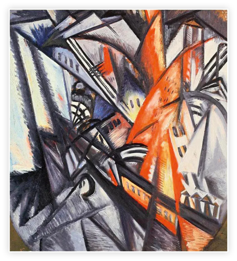 Peinture d'Olga Rozanova, Une ville, huile sur toile, 1914, musée des Beaux-Arts de Nijni Novgorod (Russie)