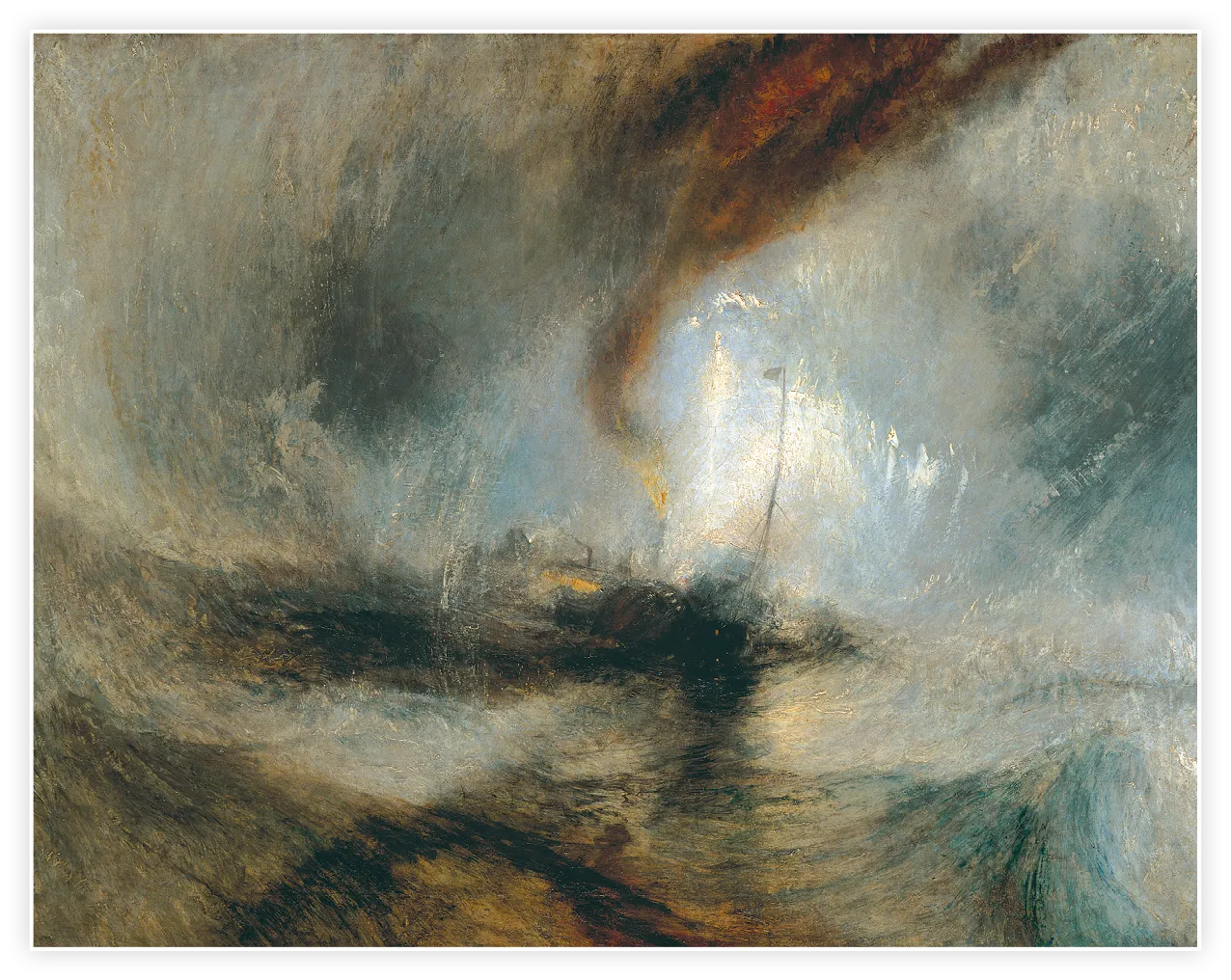 Peinture de William Turner intitulée Tempête de neige en mer, représentant un navire pris dans une violente tempête avec des tourbillons de neige et de vagues.