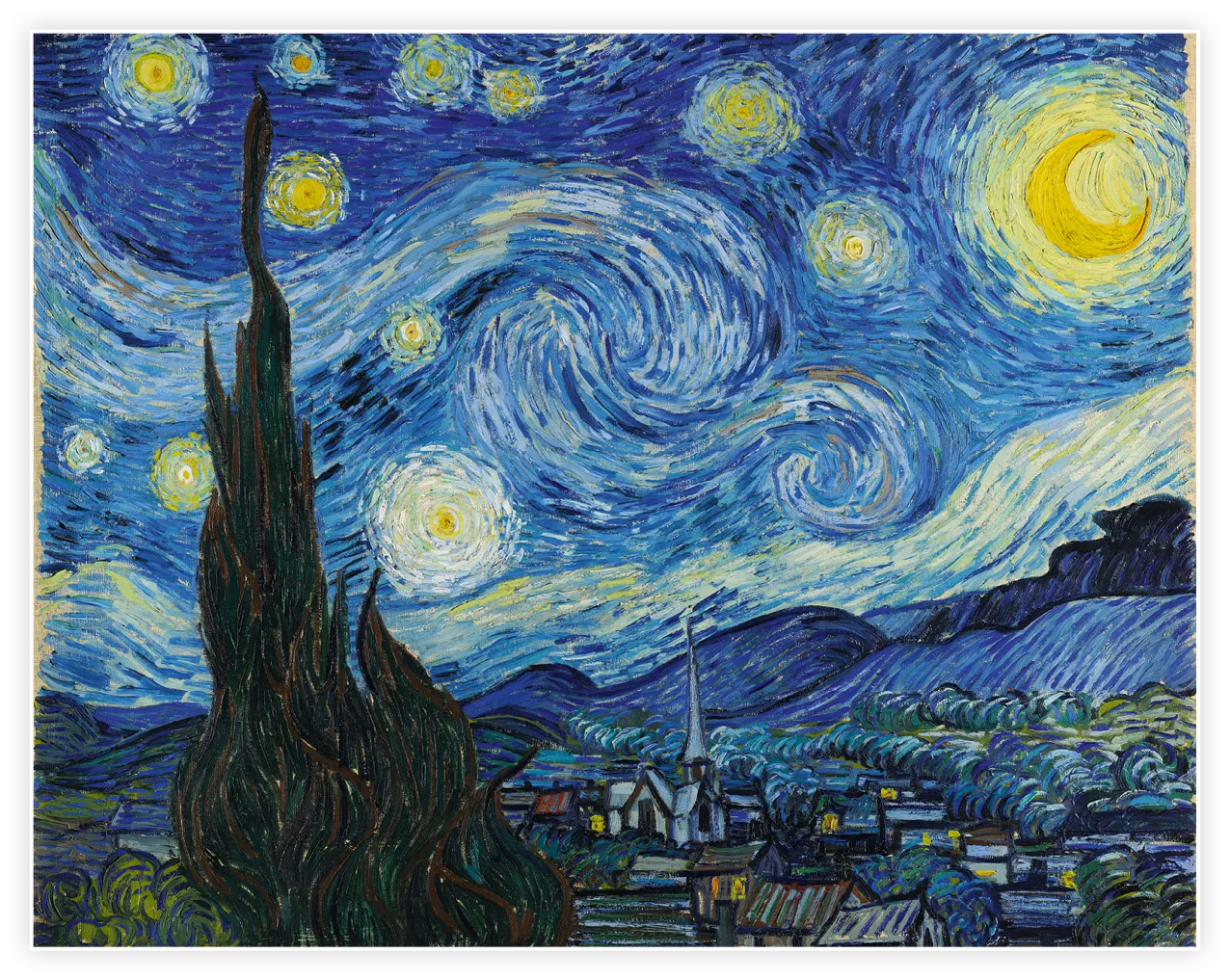 Vincent van Gogh, La Nuit étoilée, huile sur toile, 74 × 92 cm, 1889, MoMA, New York (États-Unis).