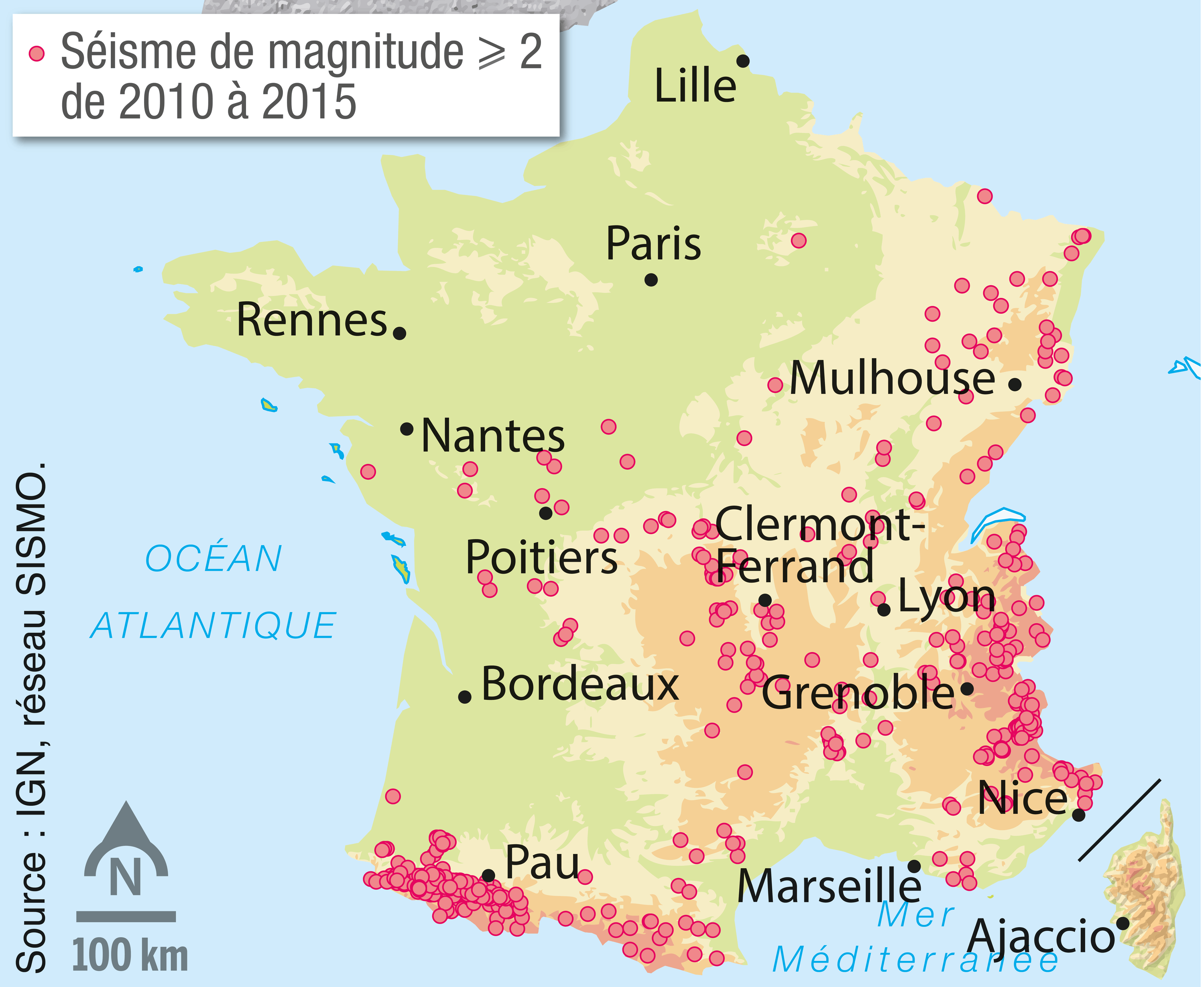 <stamp theme='svt-green1'>Doc. 3</stamp> La répartition des séismes de magnitude et plus en France entre 2010 et 2015.