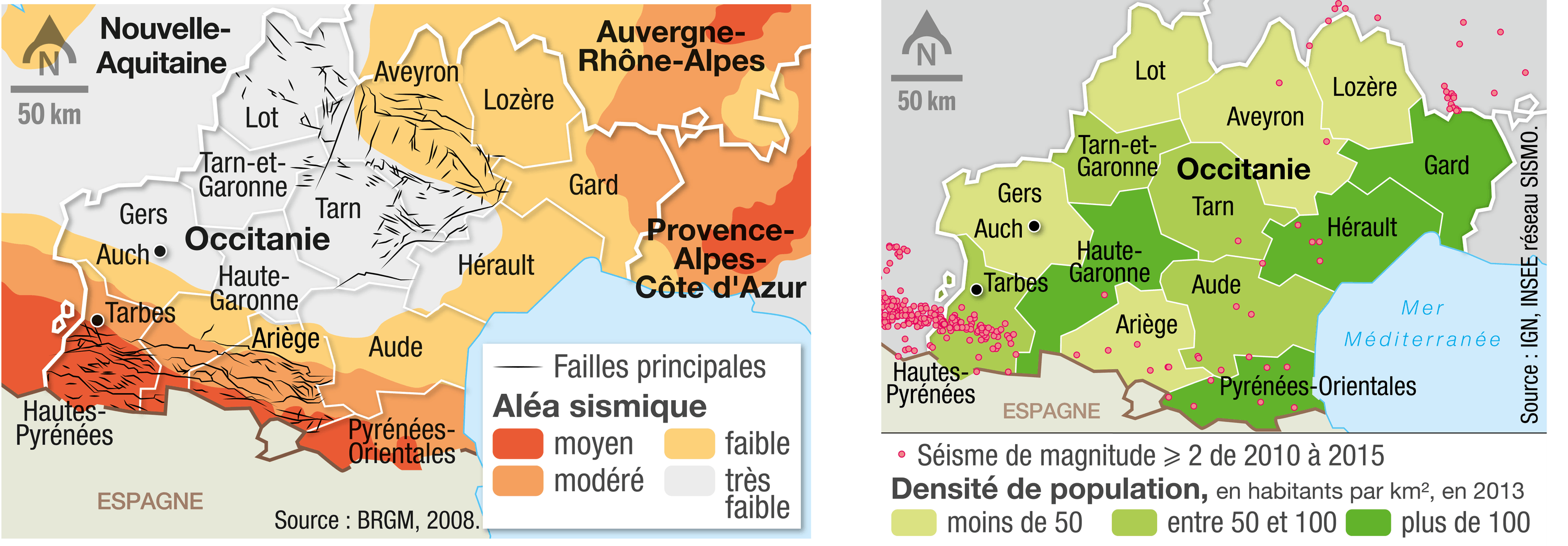 <stamp theme='svt-green1'>Doc. 1</stamp> Les cartes des aléas sismiques et de la densité de population en Occitanie.