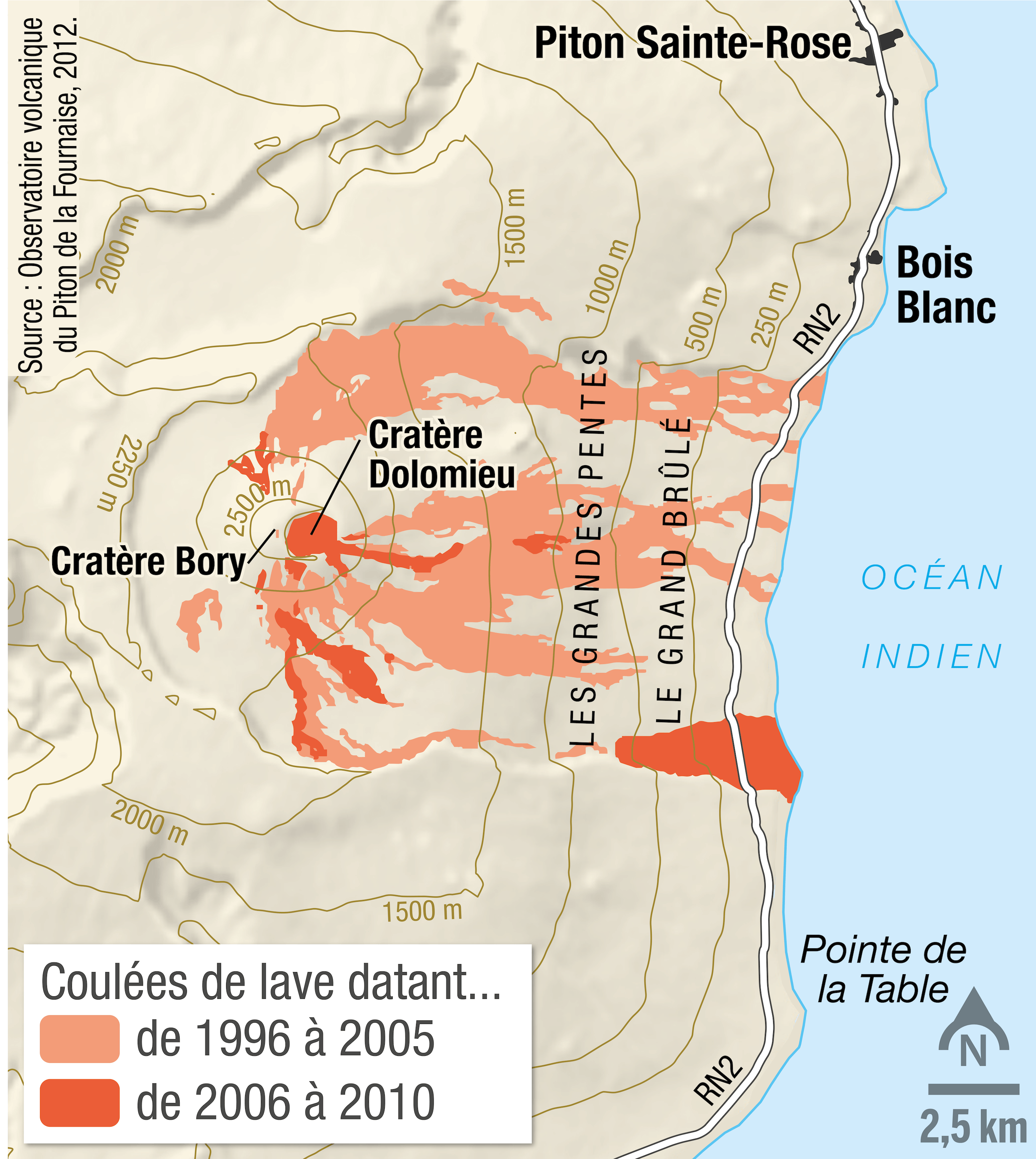 <stamp theme='svt-green1'>Doc. 2</stamp> La carte des coulées de lave du piton de la Fournaise, sur l’ile de La Réunion, entre 1996 et 2010.