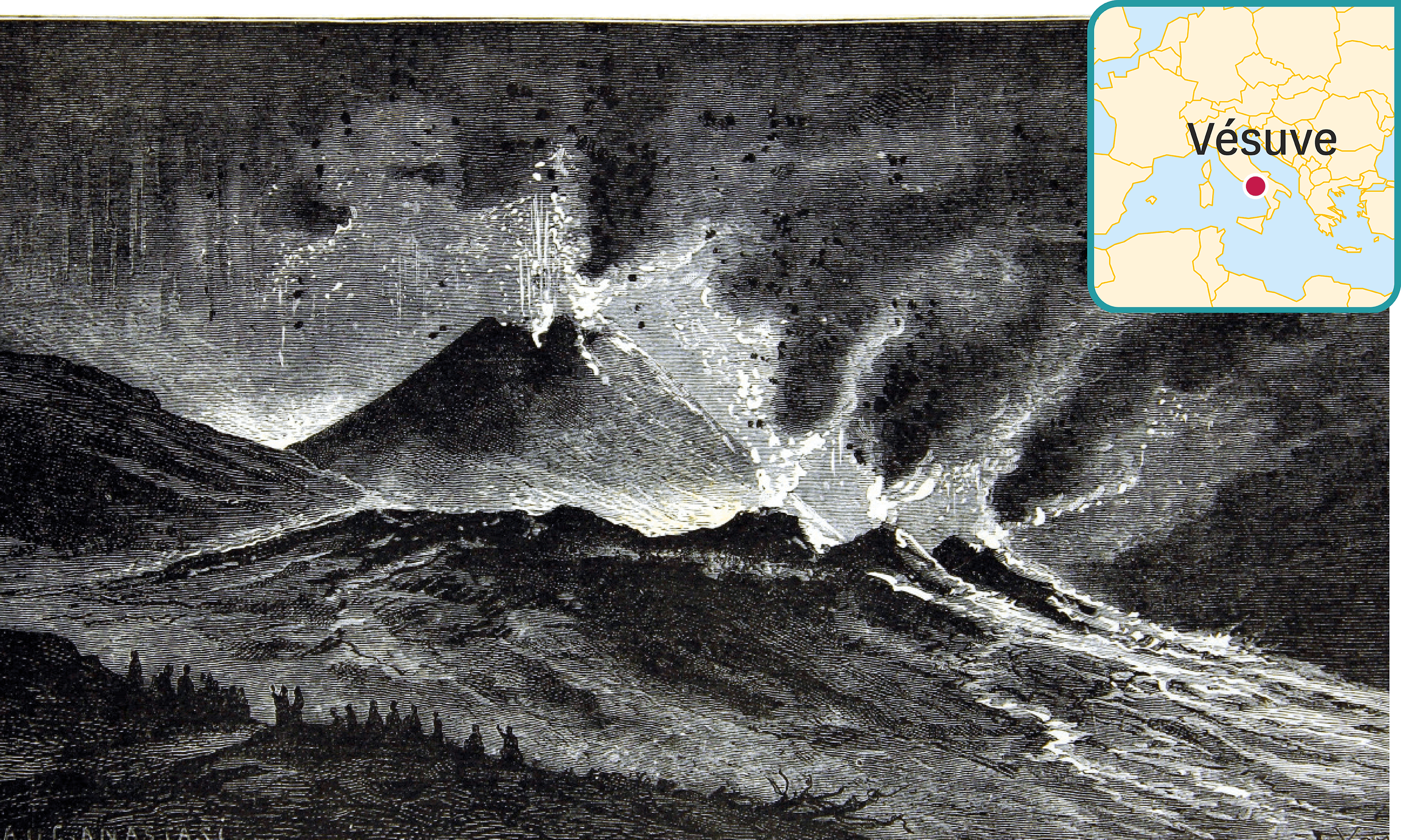 <stamp theme='svt-green1'>Doc. 1</stamp> Un croquis de l'éruption du Vésuve de 1858 par l'abbé C. Chevalier.