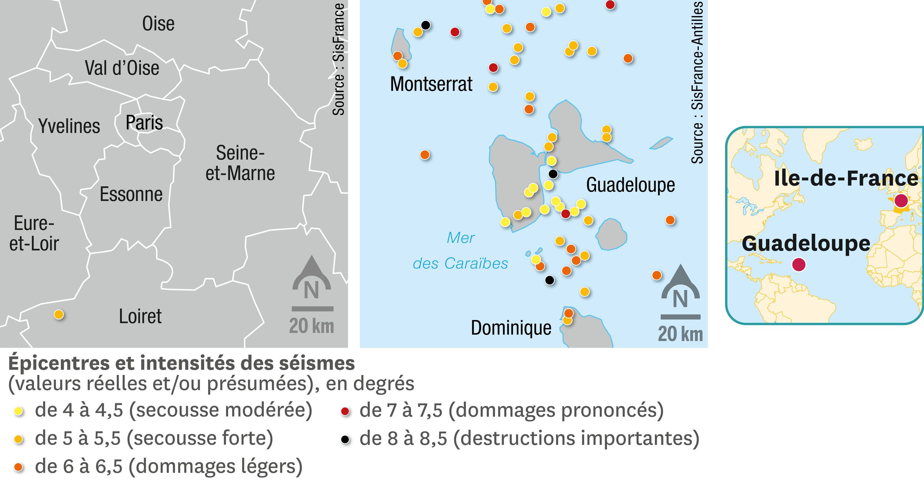 <stamp theme='svt-green1'>Doc. 1</stamp> La comparaison de la sismicité en Ile-de-France et en Guadeloupe depuis 1551.