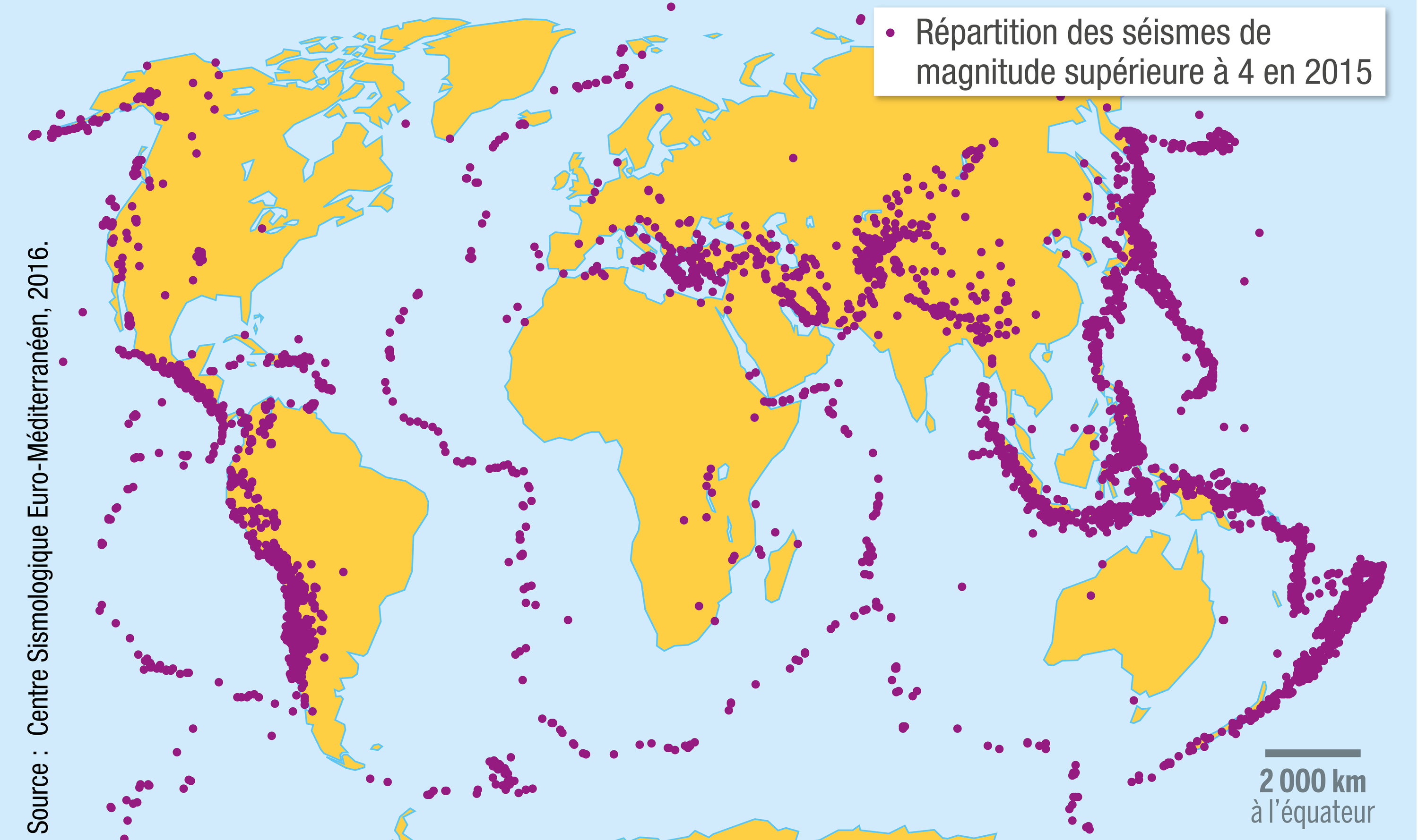 <stamp theme='svt-green1'>Doc. 2</stamp> La répartition mondiale des séismes en 2015.