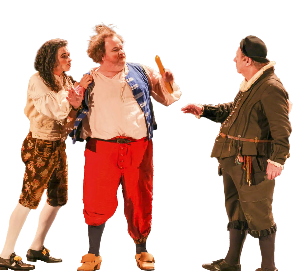 L'Avare, mise en scène de Jérôme Deschamps, château de Grignan, 2023. Cléante (Stanislas Roquette), Maître Jacques (Vincent Debost) et Harpagon (Jérôme Deschamps).