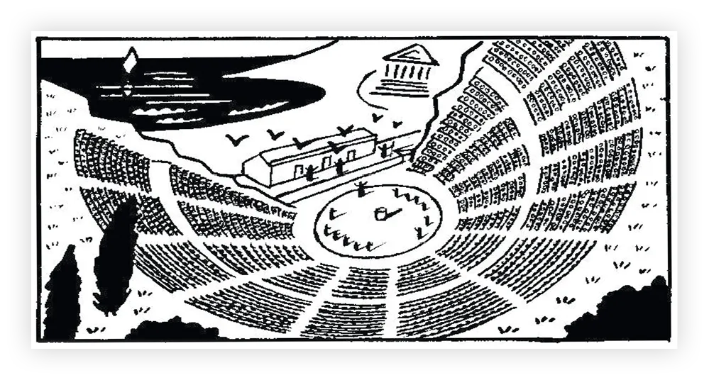 Dessin représentant une vue aérienne d'un théâtre grec antique, montrant les gradins en demi-cercle, l'orchestra circulaire et la skéné.