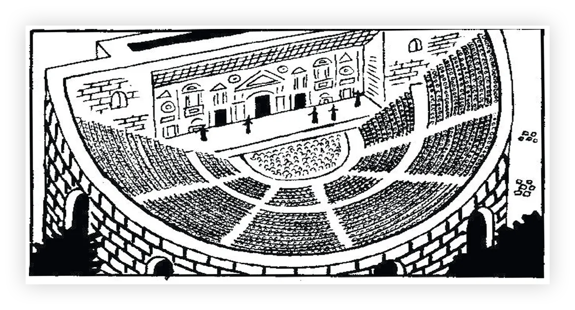 Dessin en vue aérienne d'un théâtre romain antique, montrant la scène, l'orchestre et les gradins en demi-cercle.