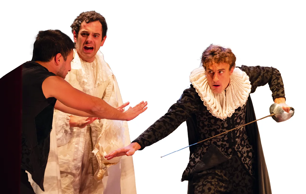 Mise en scène de Jean-Philippe Daguerre, Théâtre Saint-Georges, 2017. Scapin (Geoffrey Palisse), Octave (Théo Dusoulié) et Léandre (Henri Jonquères d'Oriola).