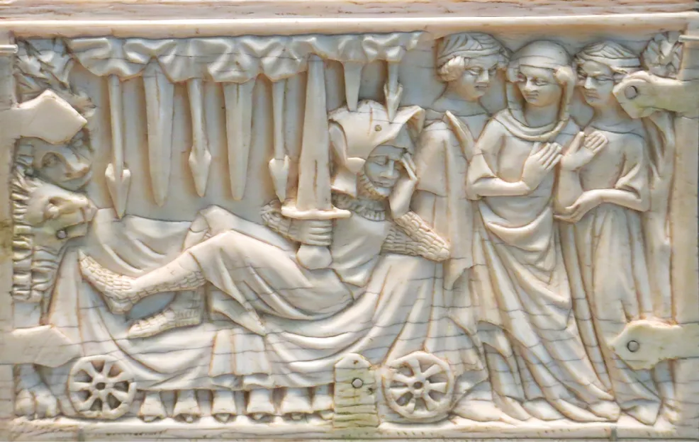 Gauvain sur le lit périlleux, plaque de côté d'un coffret, 8,4 cm x 13,2 cm, ivoire, 1340-1350.