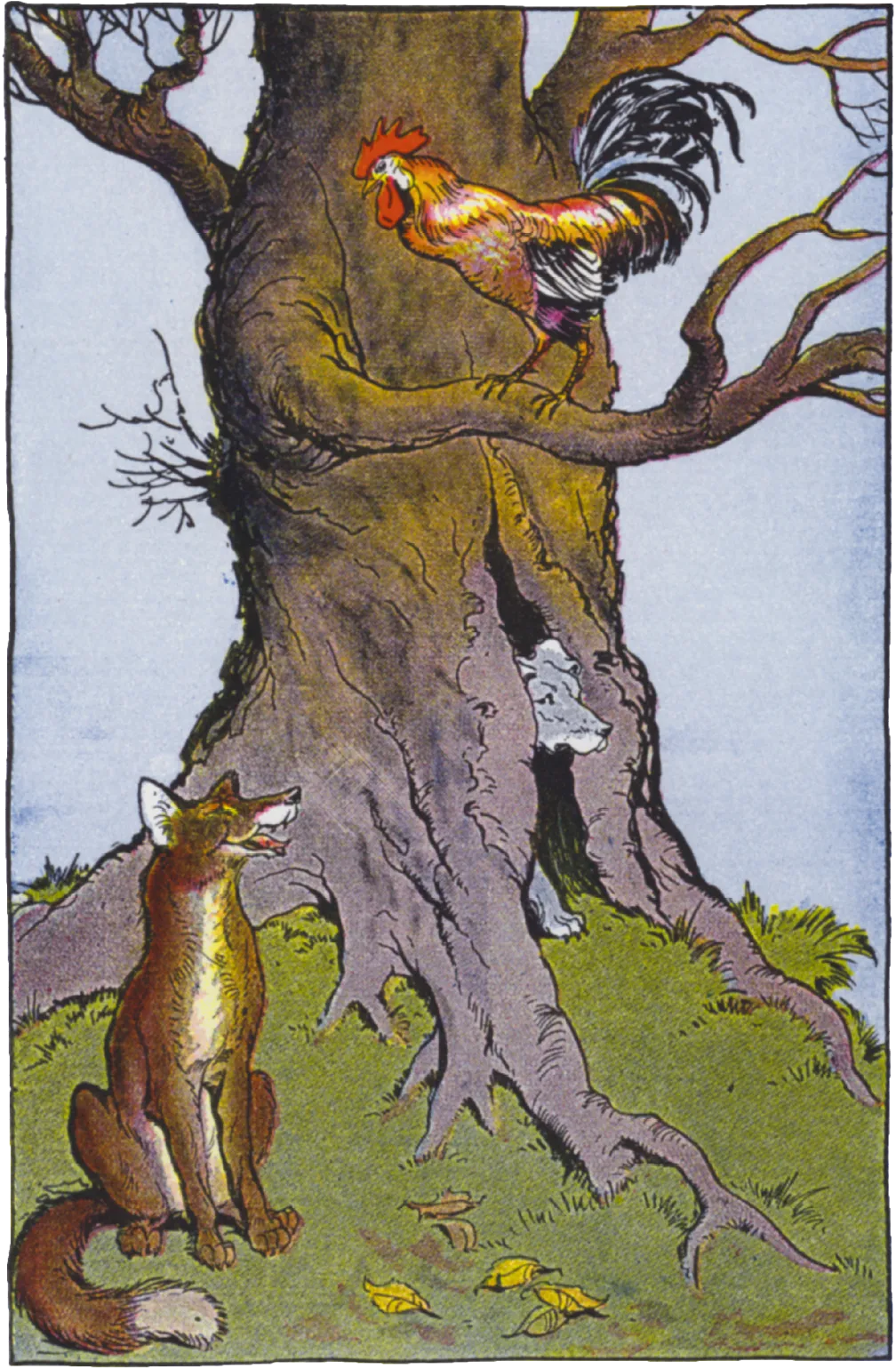 Illustration de Milo Winter pour « Le renard, le chien et le coq » d'Ésope, 1919