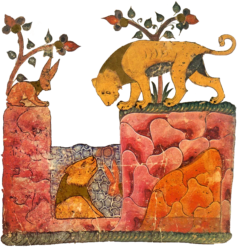 Miniature pour les fables de Kalila et Dimna, « Le Lièvre et le Lion », vers 1350