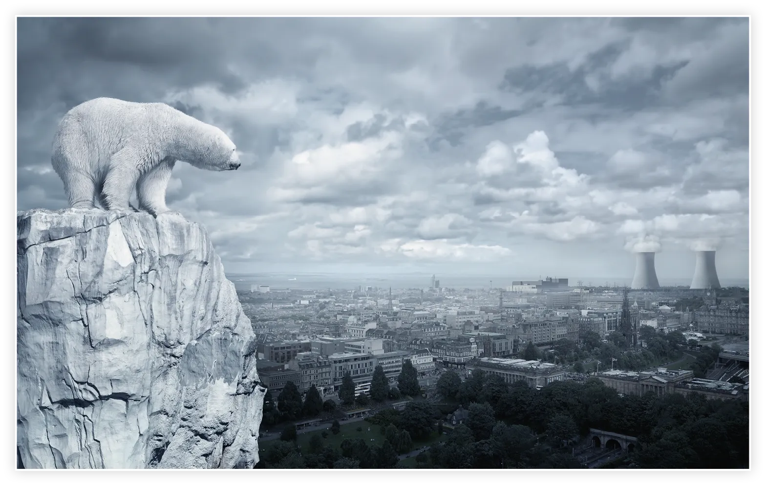 Chris Clor, Ours polaire surplombant la ville depuis un glacier, image numérique, 2013