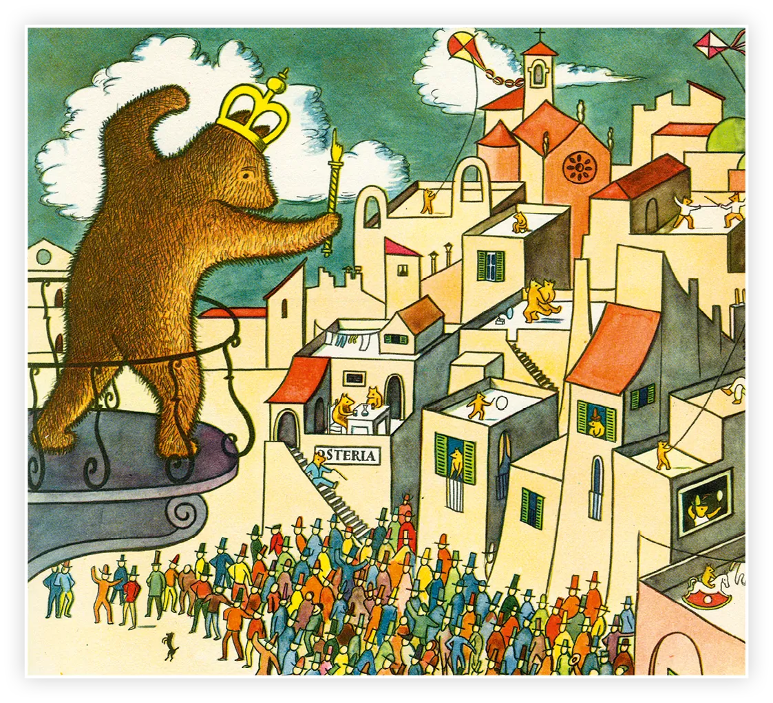 Illustration pour La Fameuse Invasion de la Sicile par les ours, lithographie, Éditions Milan, vers 1958