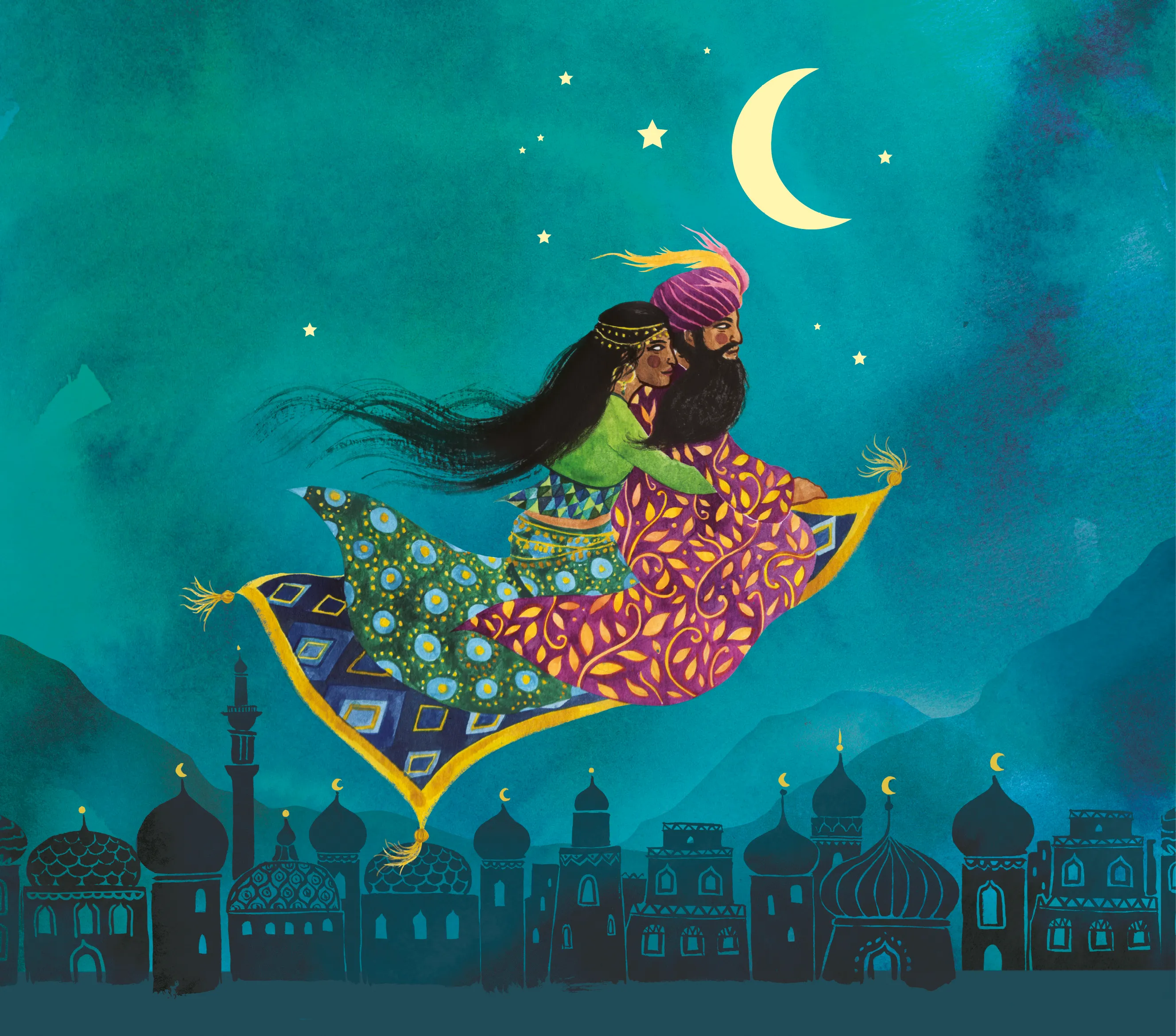 Illustration de Diane Morel montrant un homme et une femme sur un tapis volant survolant une ville orientale de nuit sous un croissant de lune et des étoiles.