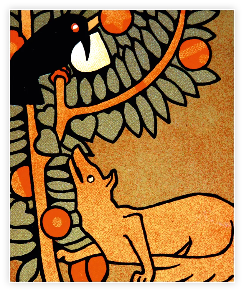 Illustration pour « Le Corbeau et le Renard », fable de Jean de La Fontaine, carte postale, 1915