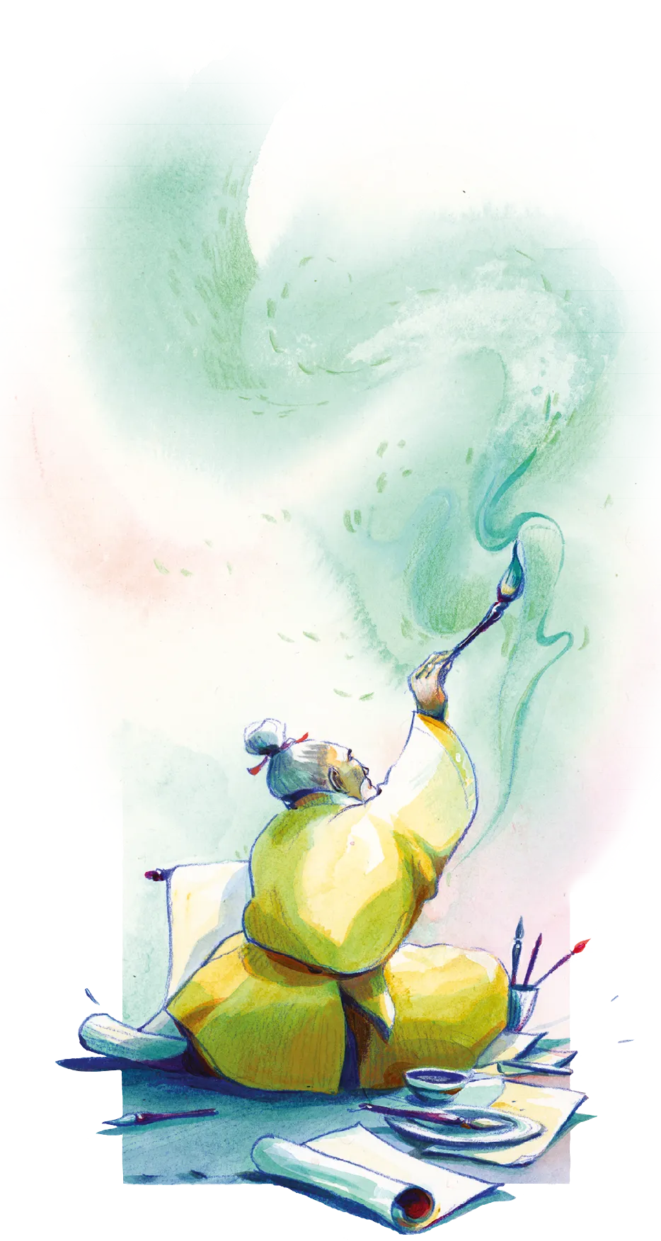 Illustration d'un peintre traditionnel chinois créant une forme vaporeuse verte avec son pinceau