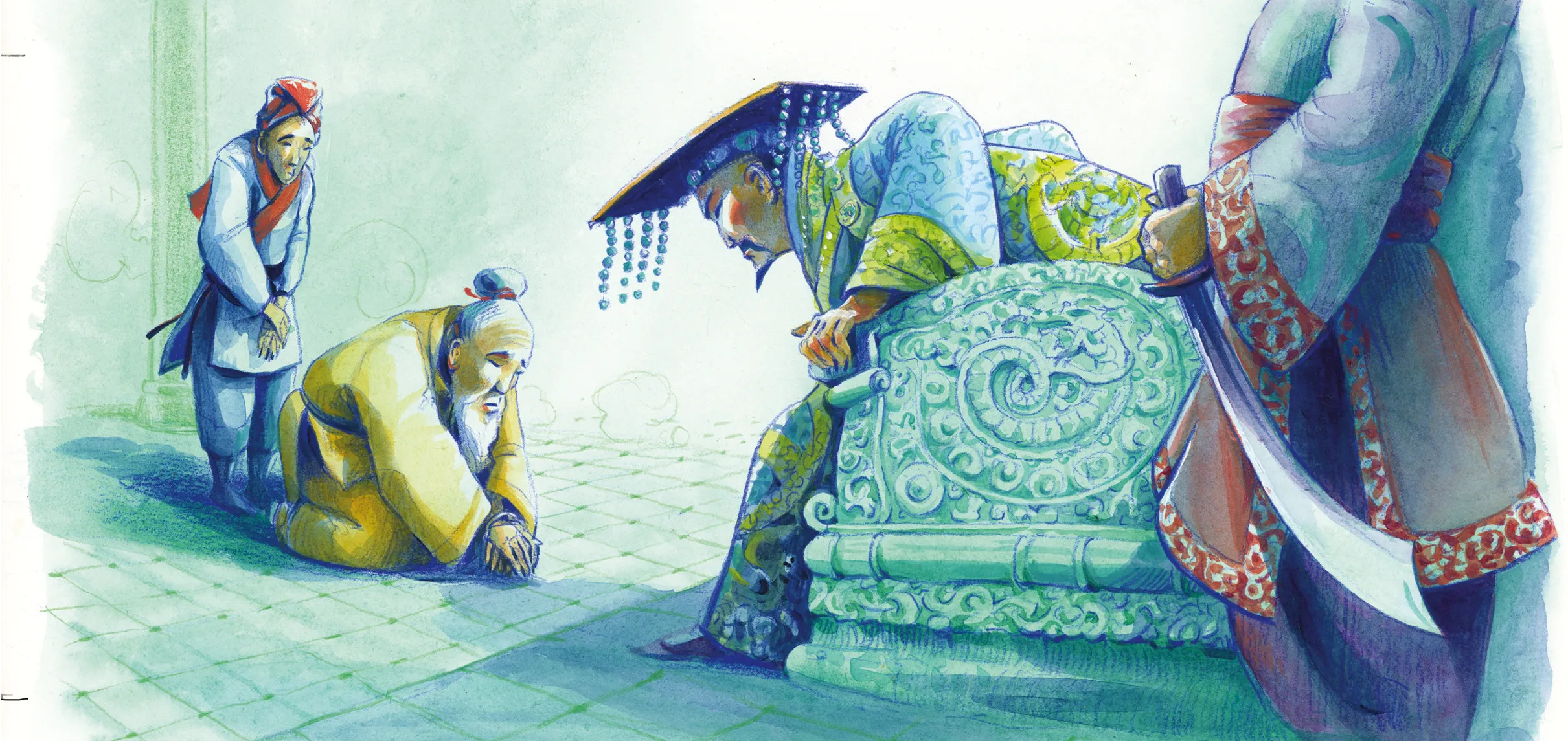Illustration d'un empereur chinois sur son trône, penché vers un vieil homme agenouillé devant lui.