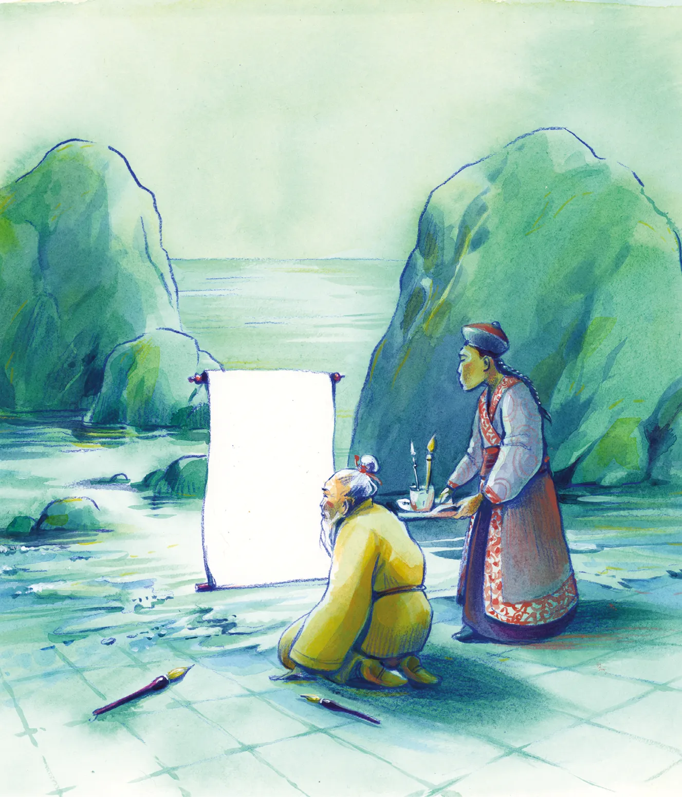 Illustration d'un calligraphe et de son assistant devant un parchemin vierge dans un paysage de montagnes et d'eau