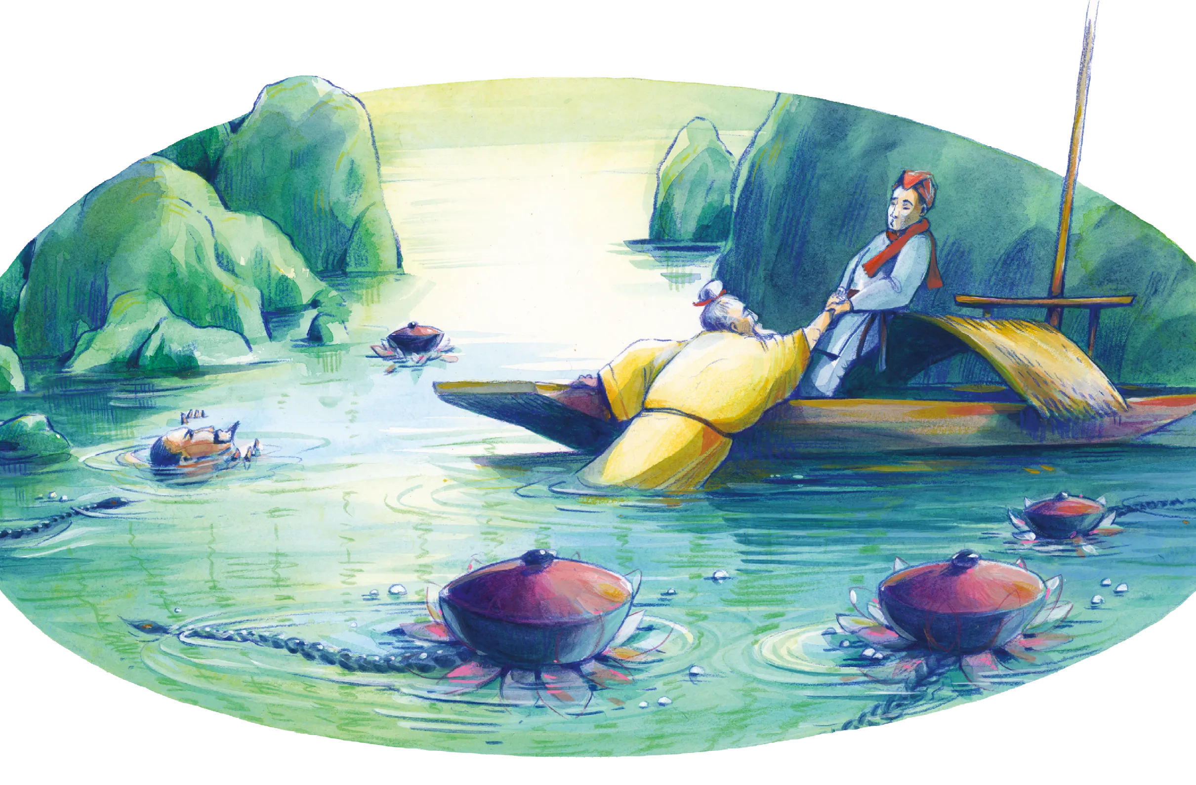 Illustration de Xuanzang traversant le fleuve Lingyun et apercevant son corps mortel à la dérive, extrait du Voyage en Occident.