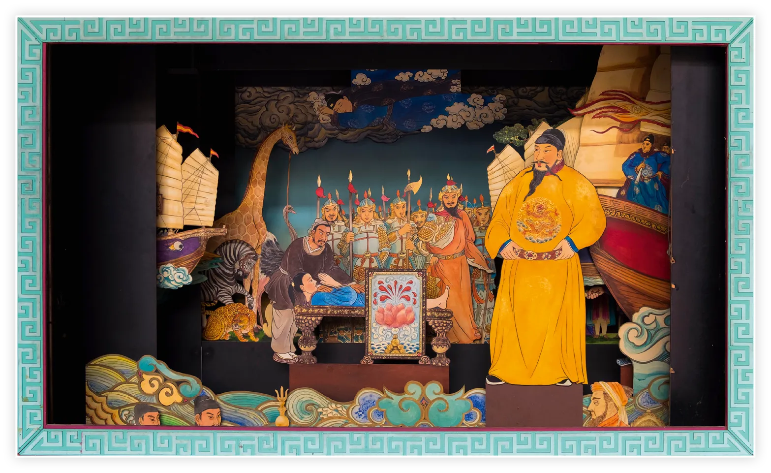 Diorama avec des personnages coulissants, présenté dans le temple chinois Cheng Hoon Teng à Malacca, Malaisie.