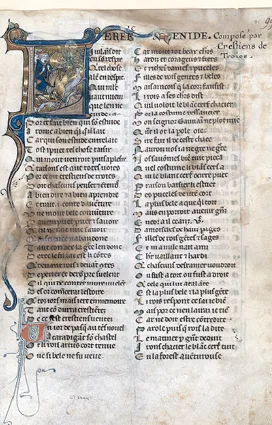 Enluminure médiévale : Érec et Énide à cheval, scène de chasse, texte gothique.