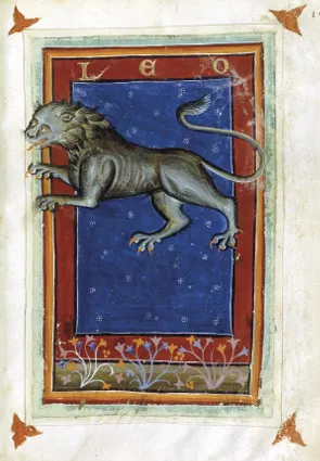 Miniature médiévale : lion stylisé, symbole astrologique du Lion, sur fond bleu étoilé, encadré de rouge et orné de fleurs.