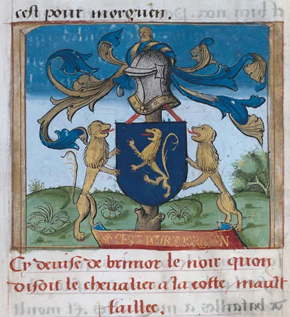 Enluminure médiévale: blason bleu avec lion, soutenu par deux léopards d'or. Casque, lambrequins. Armorial.