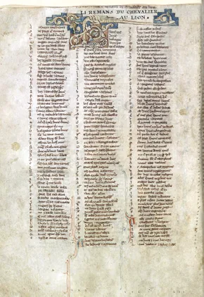 Manuscrit médiéval : page du roman d'Yvain, texte en colonnes avec enluminure. 