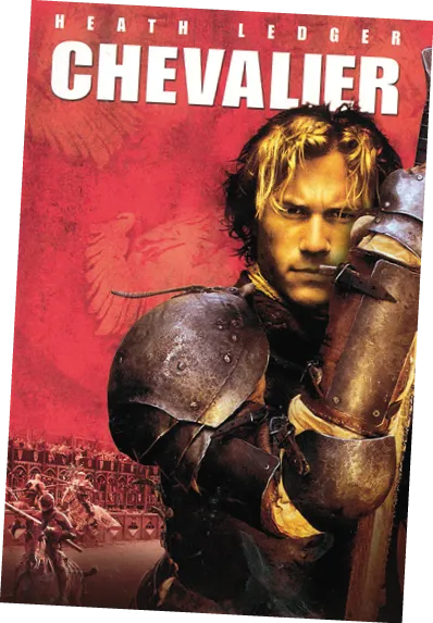 Affiche du film Chevalier avec Heath Ledger en armure médiévale. Combat en arrière-plan.
