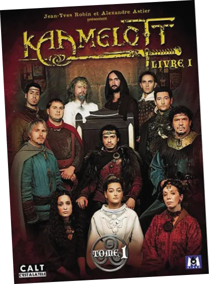 Photographie du casting de Kaamelott, Livre I, Tome 1. Les acteurs, en costumes médiévaux, posent pour la couverture du DVD. Série humoristique française.