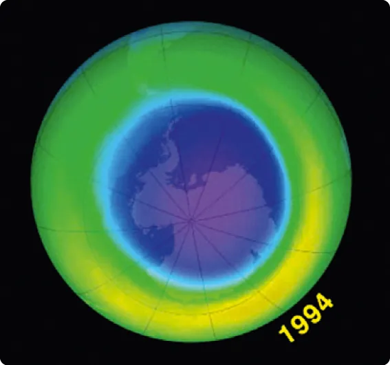 Amincissement de la couche d'ozone au niveau du pôle Sud en 1994 (la zone bleue et violette correspond à une densité d'ozone plus faible)