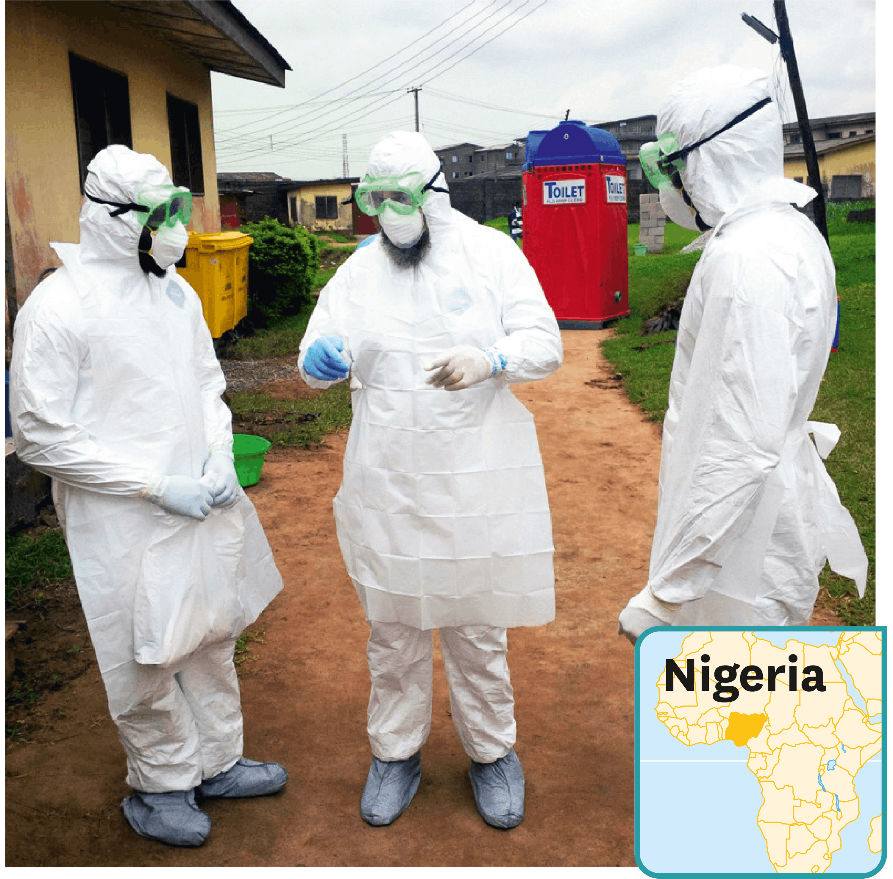 <stamp theme='svt-green1'>Doc. 1</stamp> Des médecins portant une combinaison de protection dans une unité de traitement d’Ebola au Nigeria.