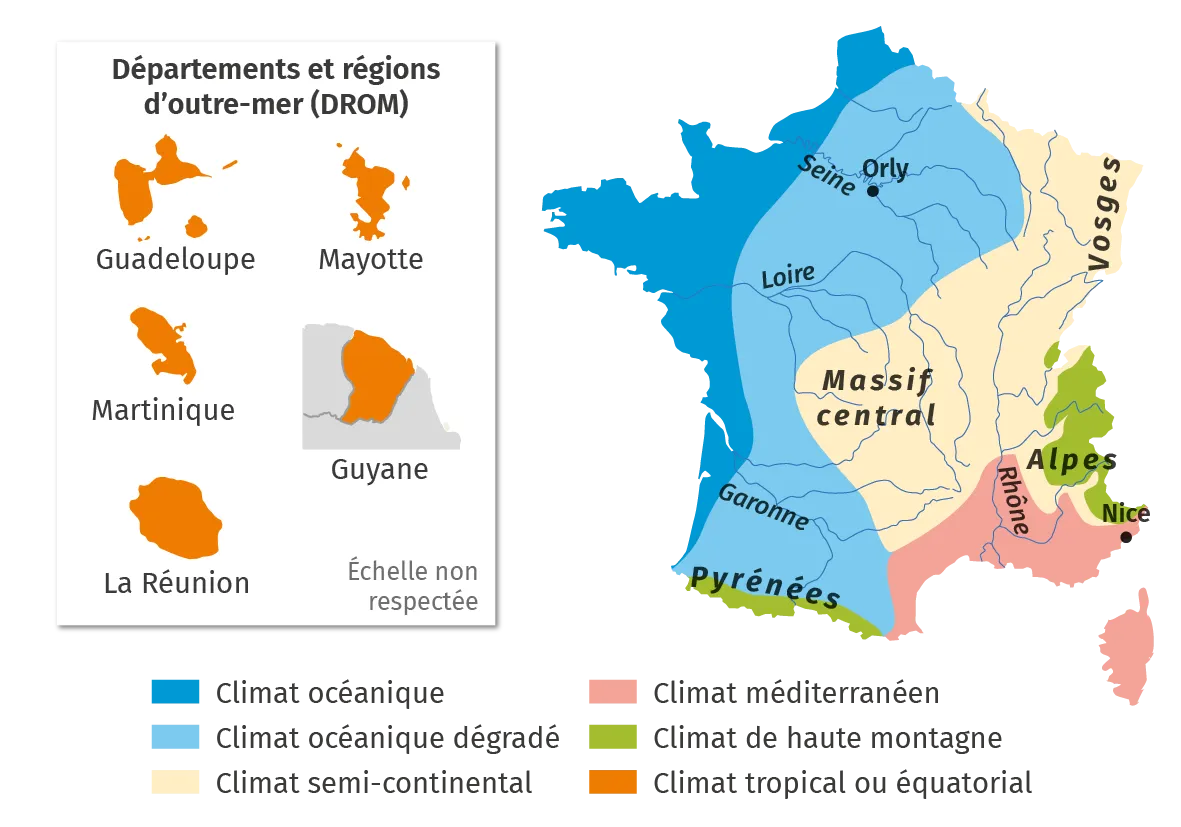 Schéma des climats en France métropolitaine et dans les DROM