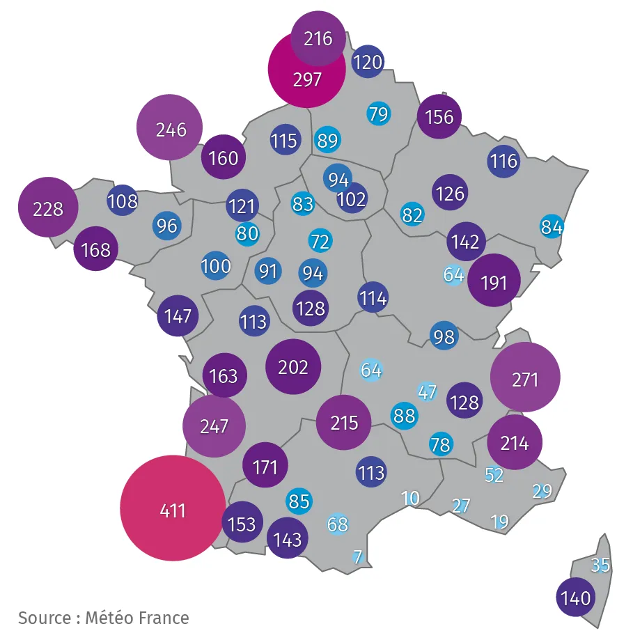 Pluviométrie totale en mm en novembre 2023