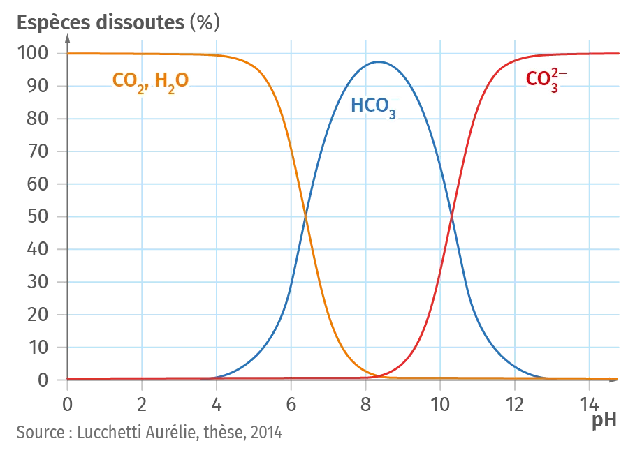 Proportion en CO2, CO2-3 et HCO-3