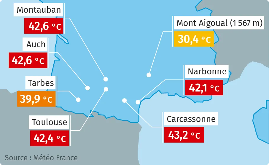 Carte représentant les records absolus de température maximale durant la canicule du mois d'août 2023