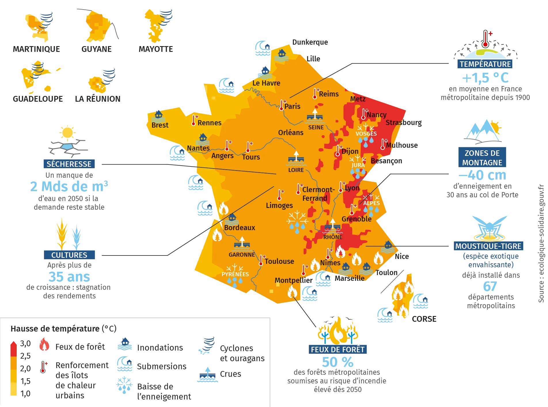 Carte des impacts du changement climatique déjà visibles ou à venir d'ici 2050, en France métropolitaine et dans les DROM