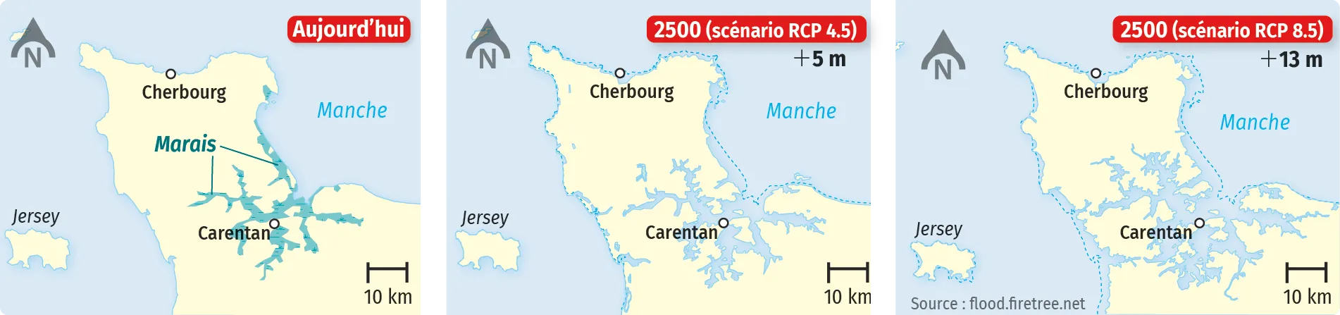 Cartes des terres émergées du département de la Manche en fonction de la montée du niveau marin