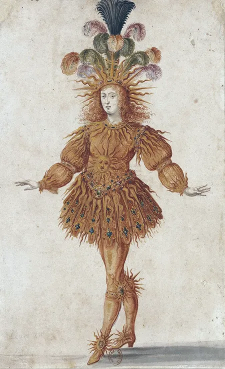 Illustration du costume de Louis XIV en Apollon pour le Ballet royal de la Nuit, 1653, aquarelle, mine de plomb, lavis, rehaussé d'or