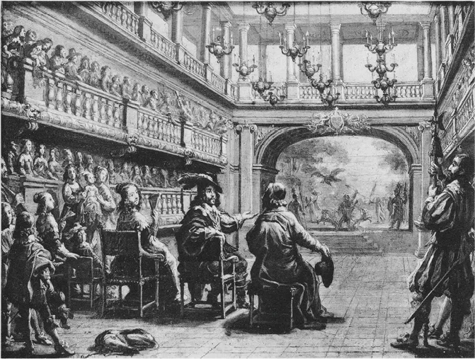 Jean de Saint-Igny, Salle de théâtre du Palais Cardinal, 1641, estampe, Bibliothèque nationale de France.