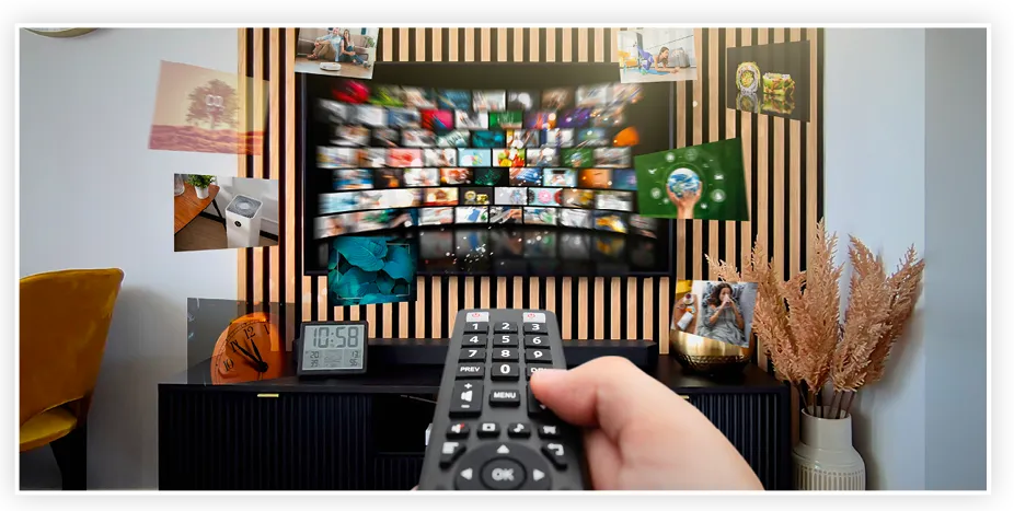 Une main tenant une télécommande pointée vers un téléviseur affichant de nombreuses vignettes de films et séries