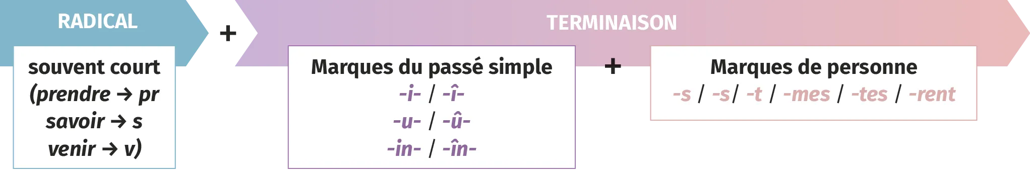 radical souvent court (prendre → pr, savoir → s, venir → v) + marques du passé simple -i- / -î- ou -u- / -û- ou -in- / -în- + marques de personne -s / -s / -t / -mes / -tes / -rent