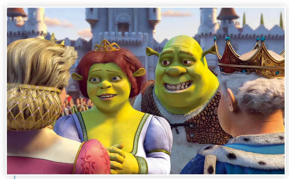 Fiona présente Shrek à ses parents.
Shrek 2, film d'Andrew Adamson,
Conrad Vernon et Kelly Asbury, 2004.