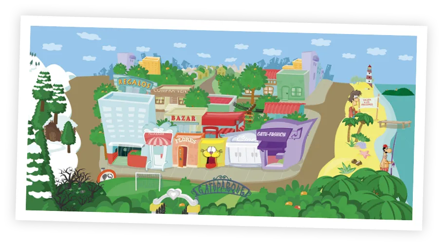 Ilustración de un pueblo con diversos comercios, una playa y montañas