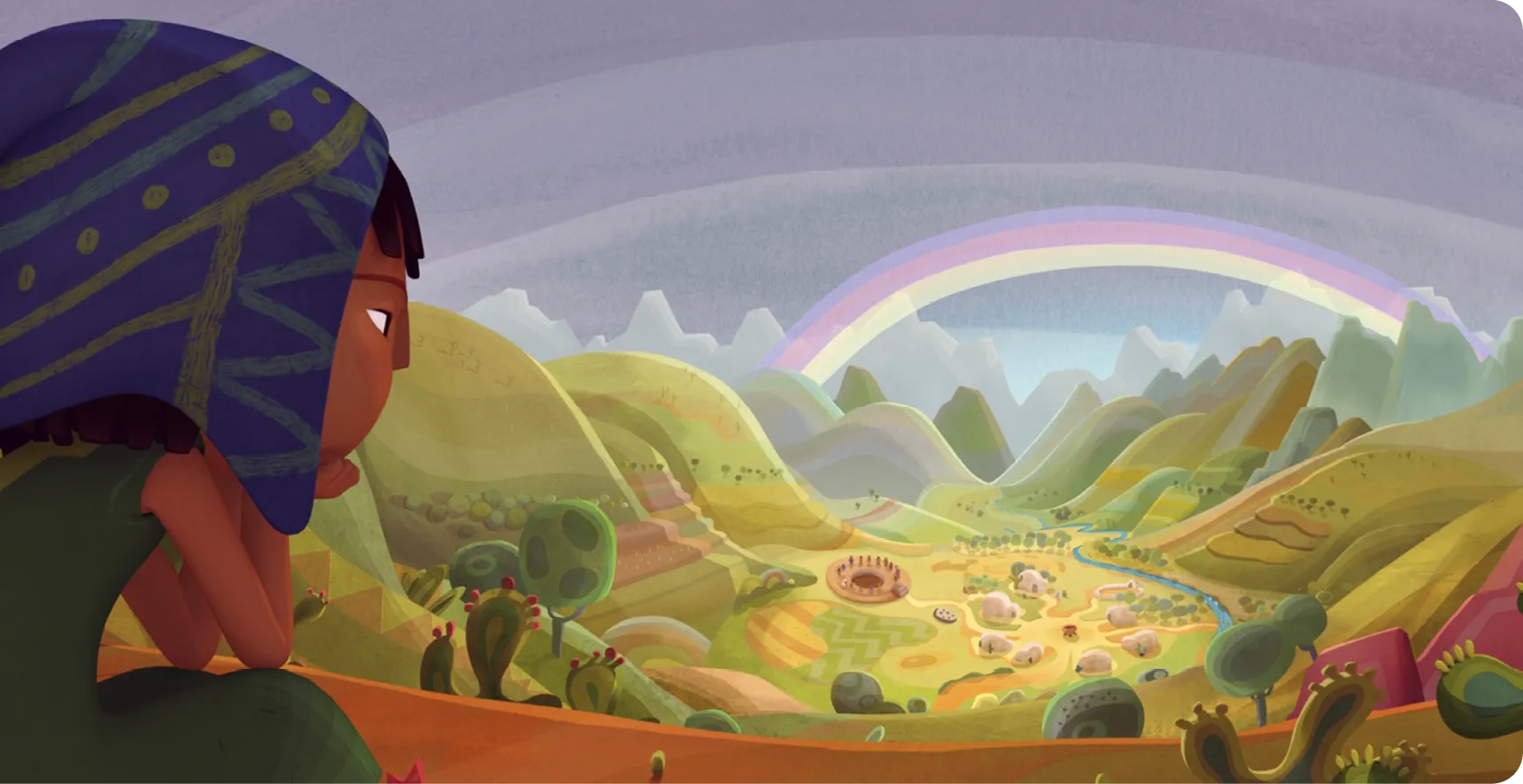 Ilustración de una persona contemplando un valle andino con un arcoíris y un pequeño poblado.