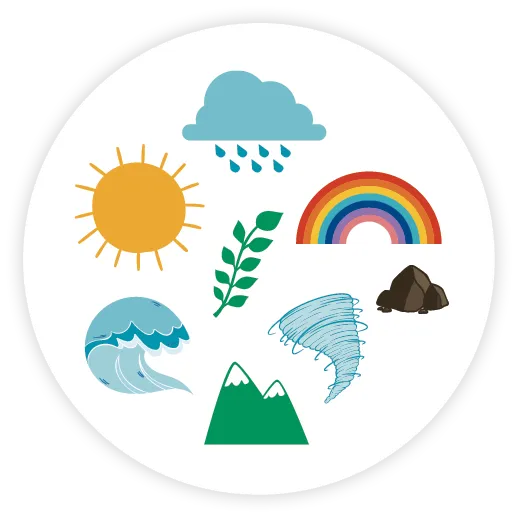 Iconos de la naturaleza: sol, nube con lluvia, arcoíris, planta, rocas, tornado, montaña y ola.